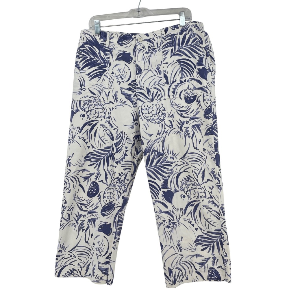 Chicos Blue White Pineapple Tropical Palm Print Pants Size 3 XL
